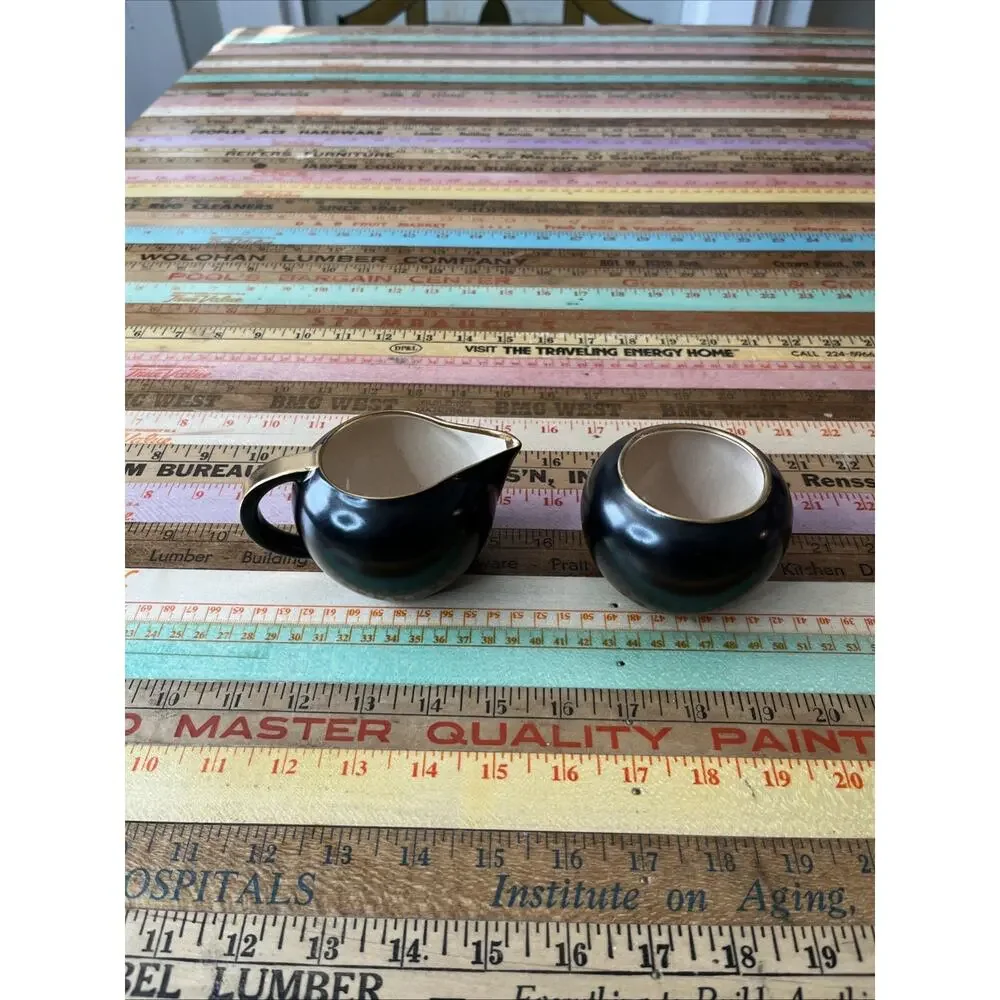 Vintage Villeroy Boch MCM Cream and Sugar Set Black with Gold Trim